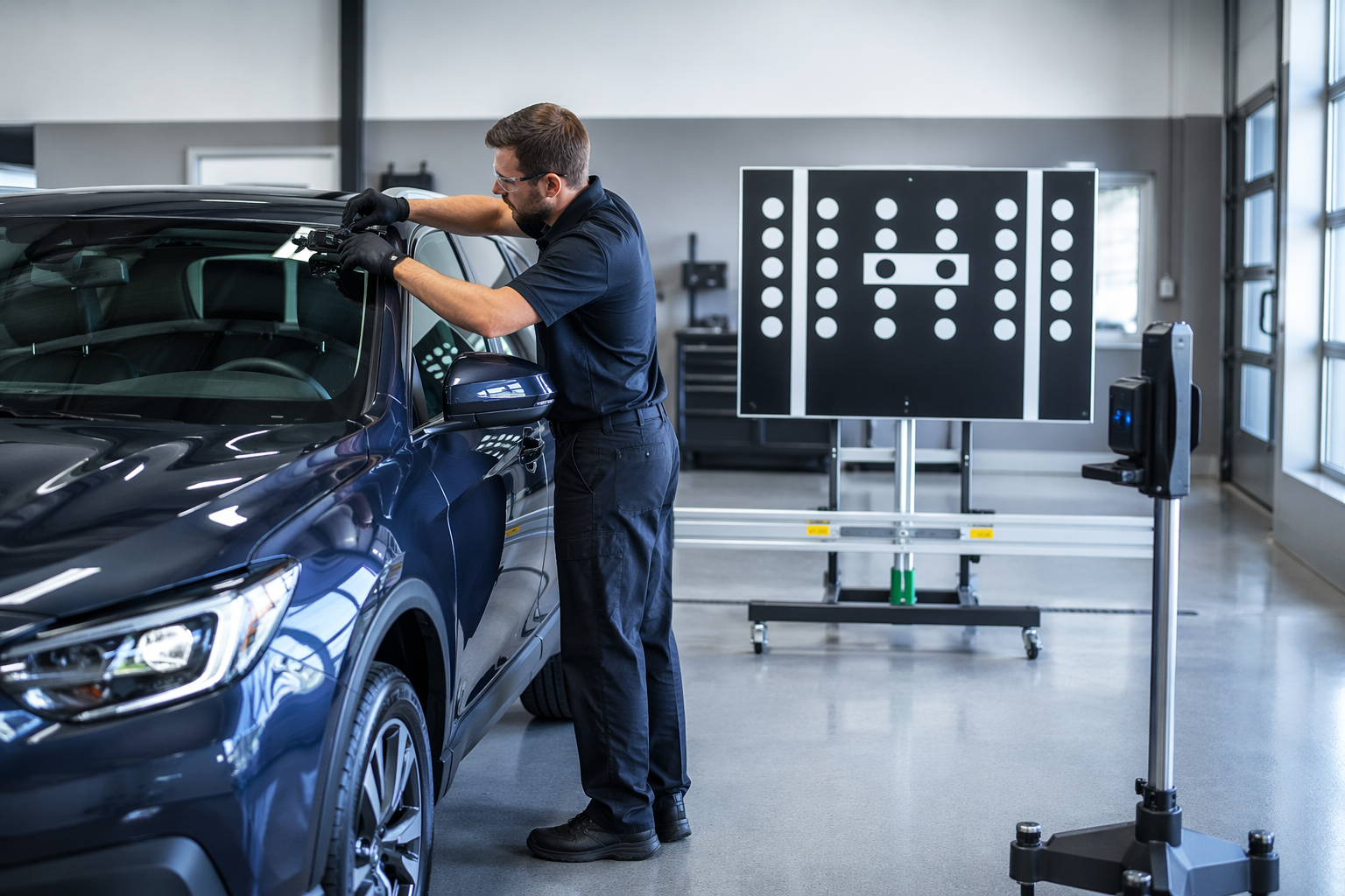 Technician calibrating SUV windshield camera
