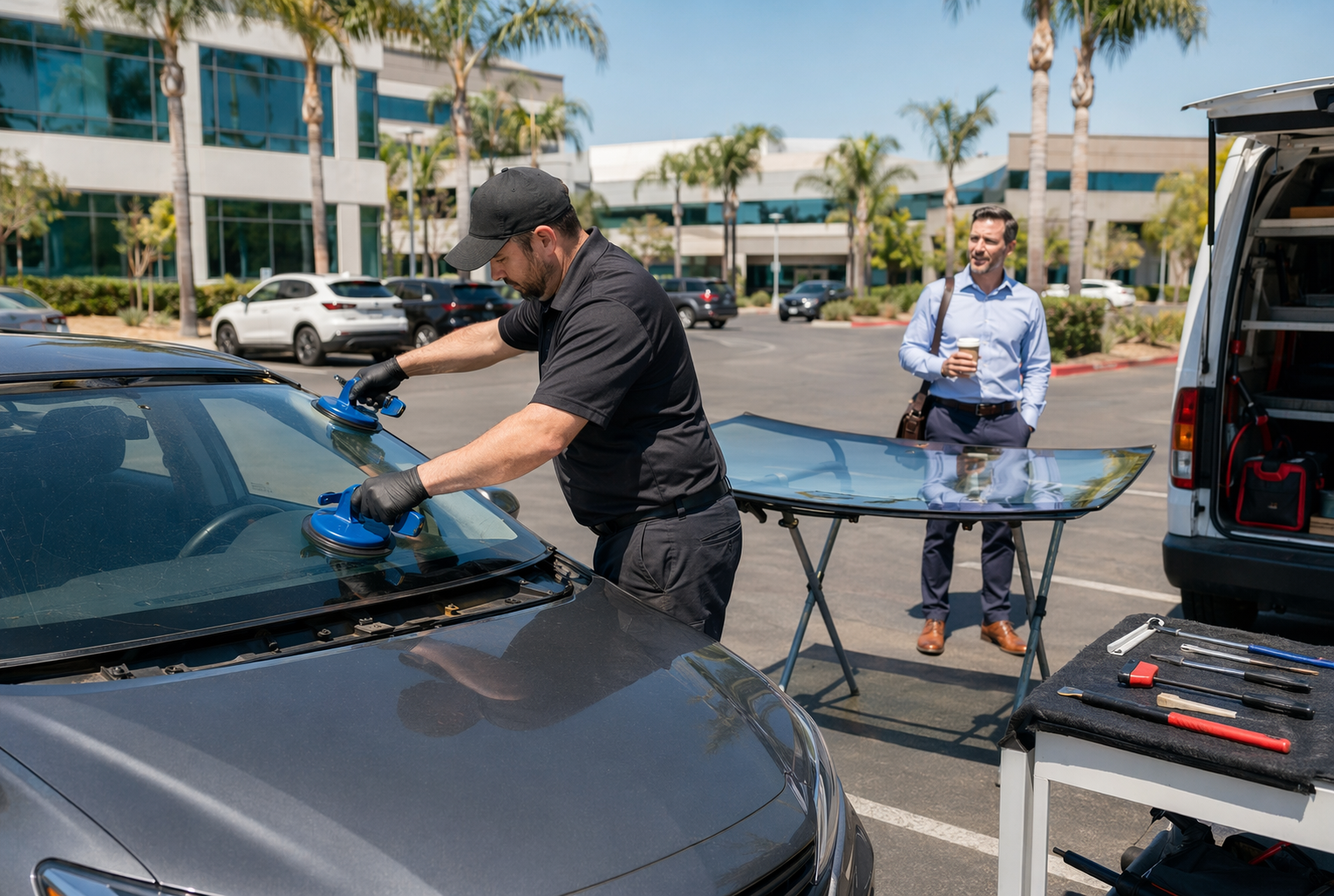 Mobile auto glass technician replacing windshield in parking lot