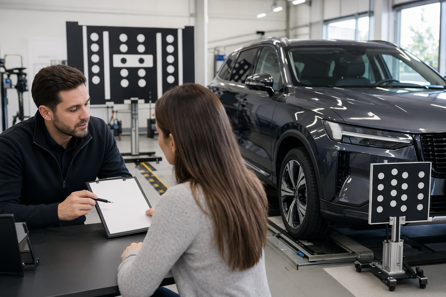 Service advisor reviewing glass claim forms beside calibrated SUV