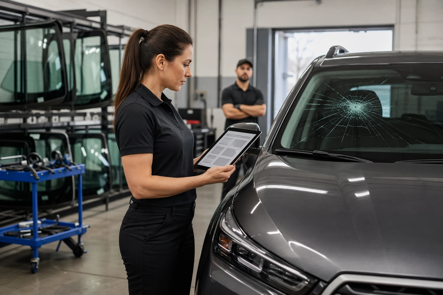 Service advisor reviewing OEM windshield specifications
