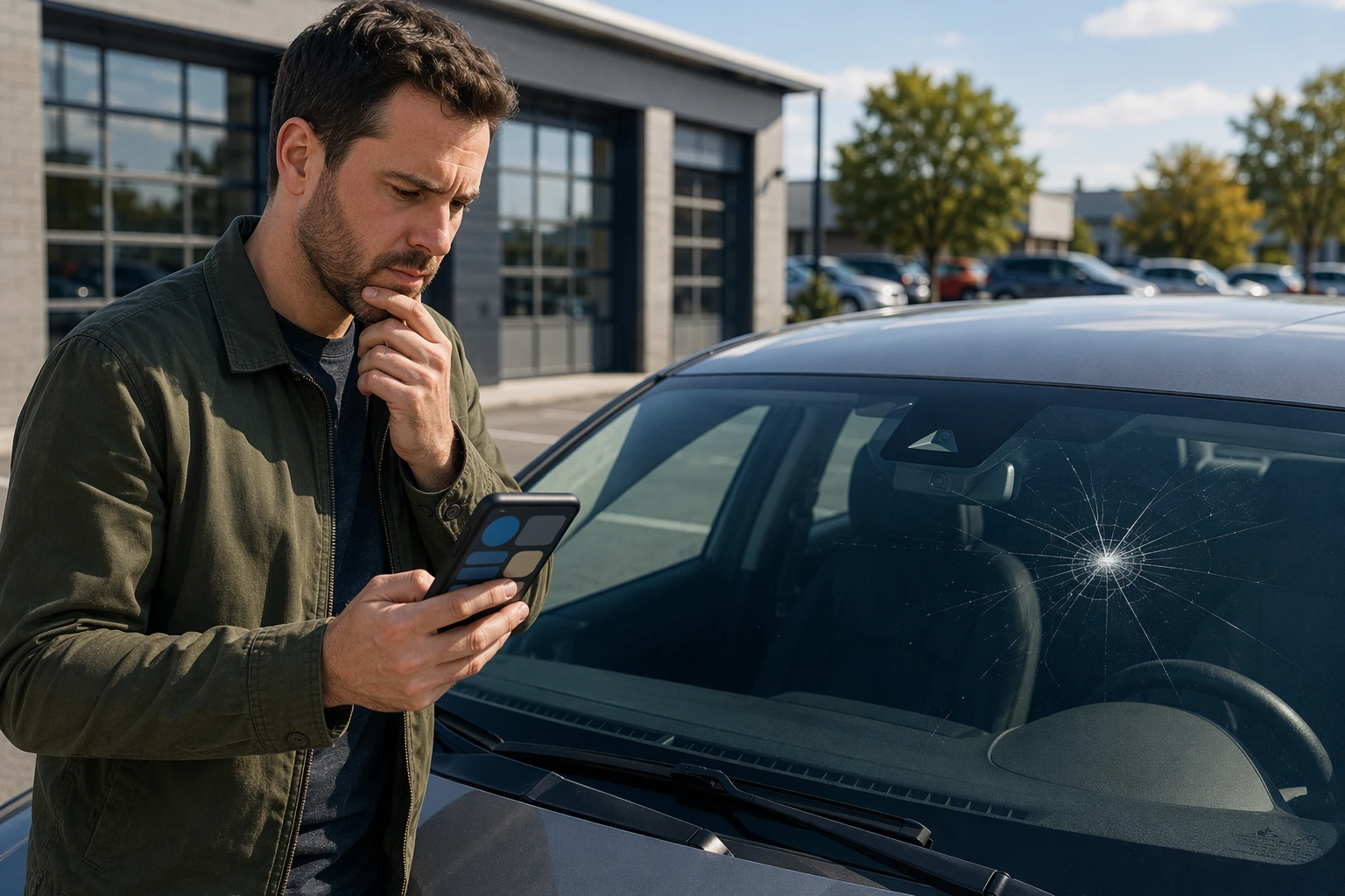 Driver reviewing insurance claim beside cracked windshield
