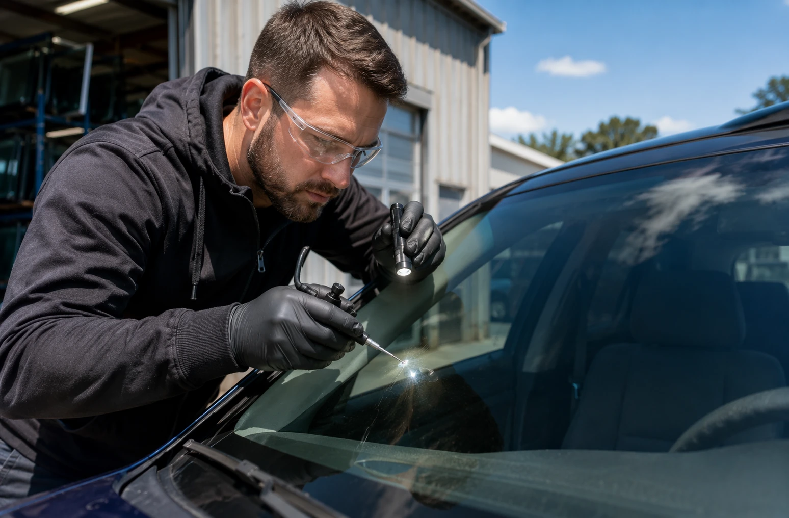 Auto glass technician inspecting small windshield chip