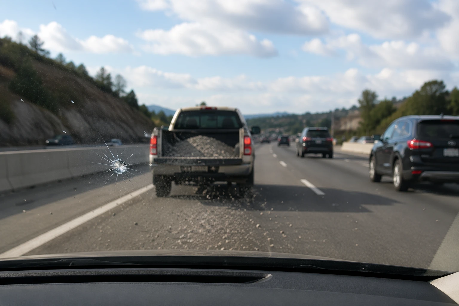 Pickup shedding gravel near freeway traffic
