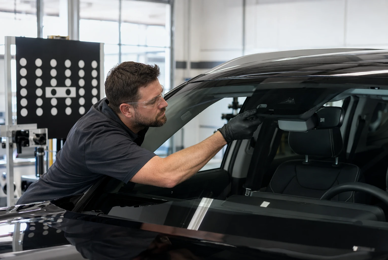 Technician aligning windshield camera in calibration bay