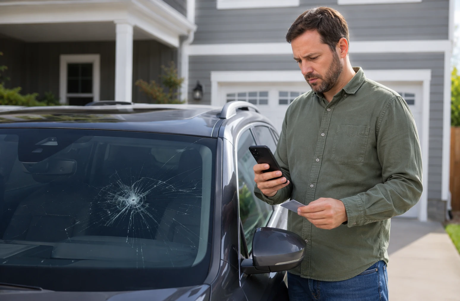 Driver reviewing insurance app beside cracked windshield