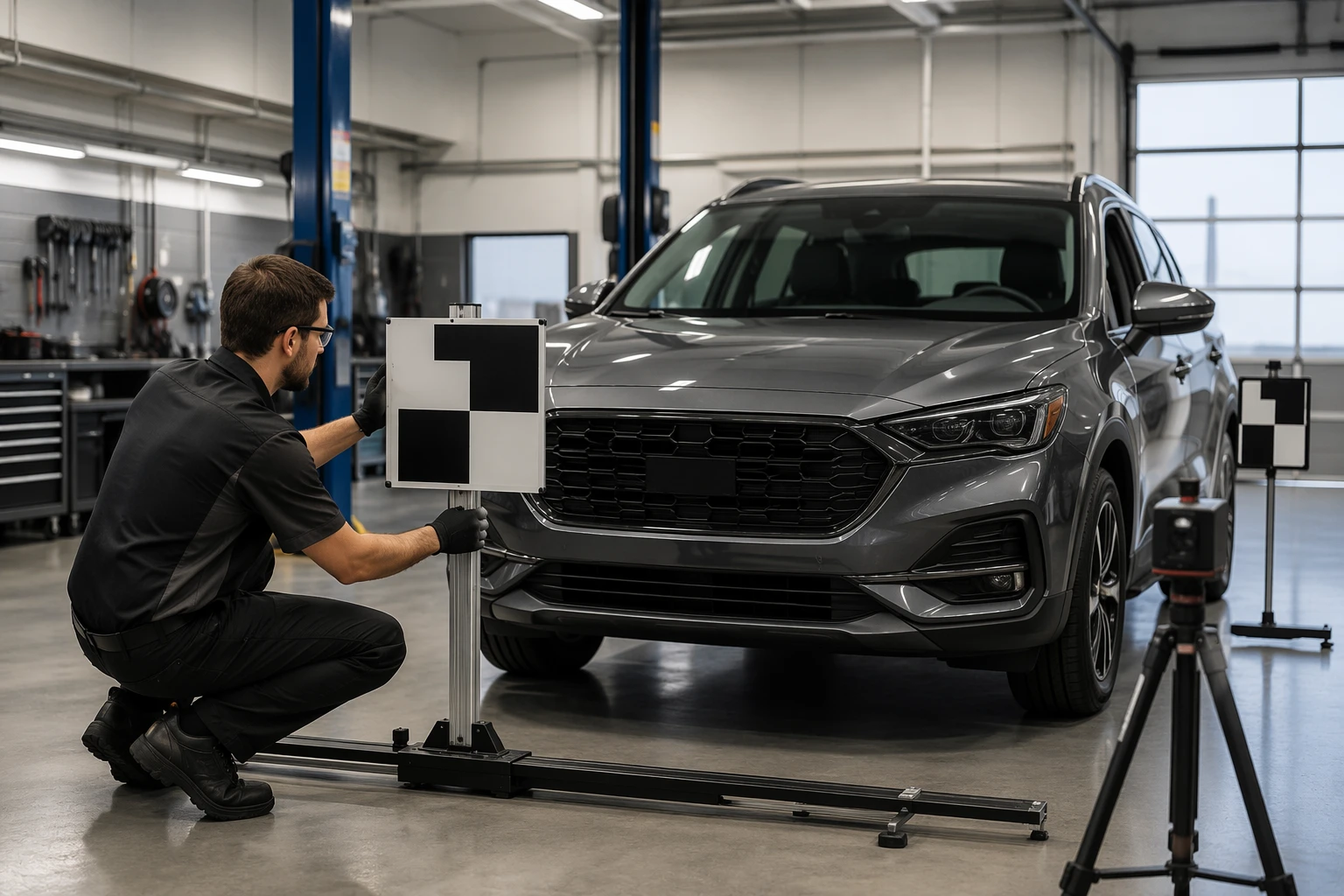 Technician calibrating ADAS targets on SUV