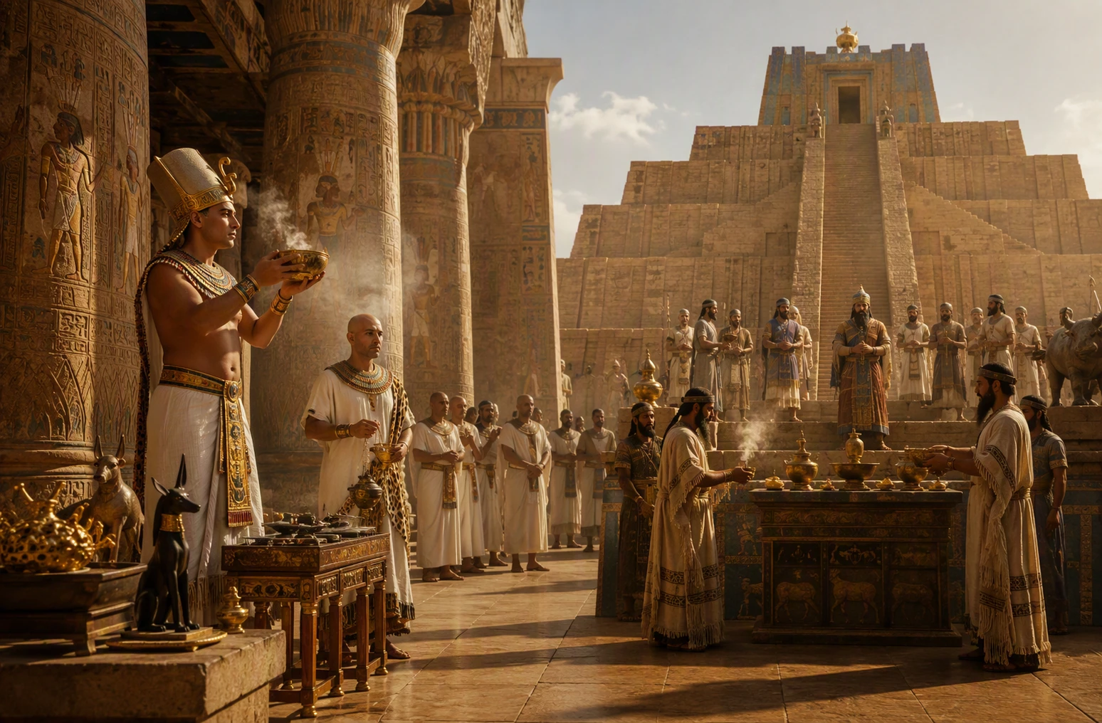 Pharaoh offering at temple altar with priests