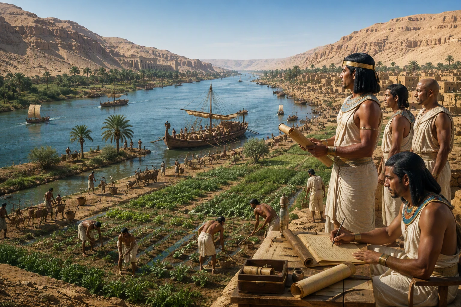 Ancient Nile farmers and river boats in a narrow valley