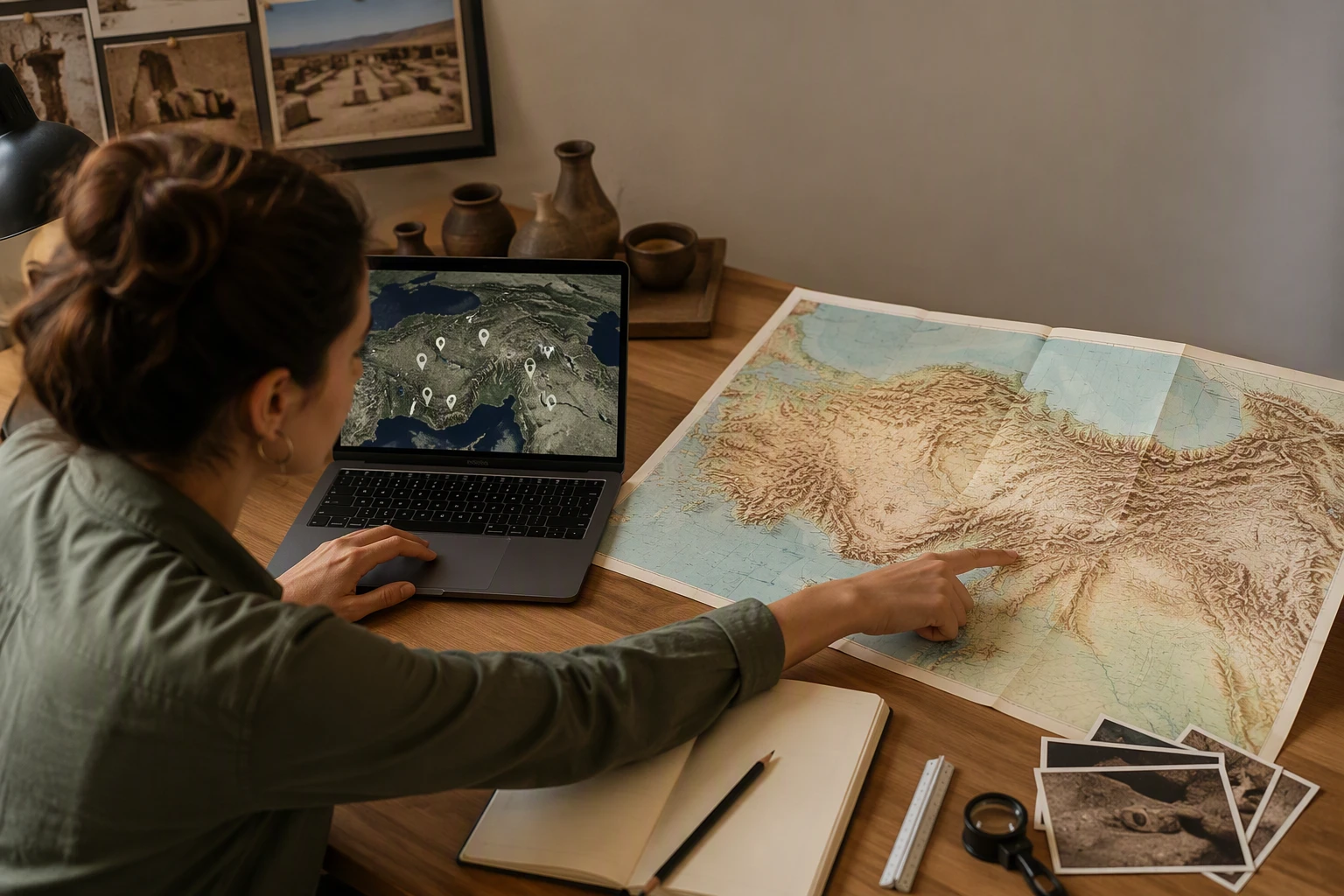 Archaeology student cross-referencing digital and paper maps of Anatolia
