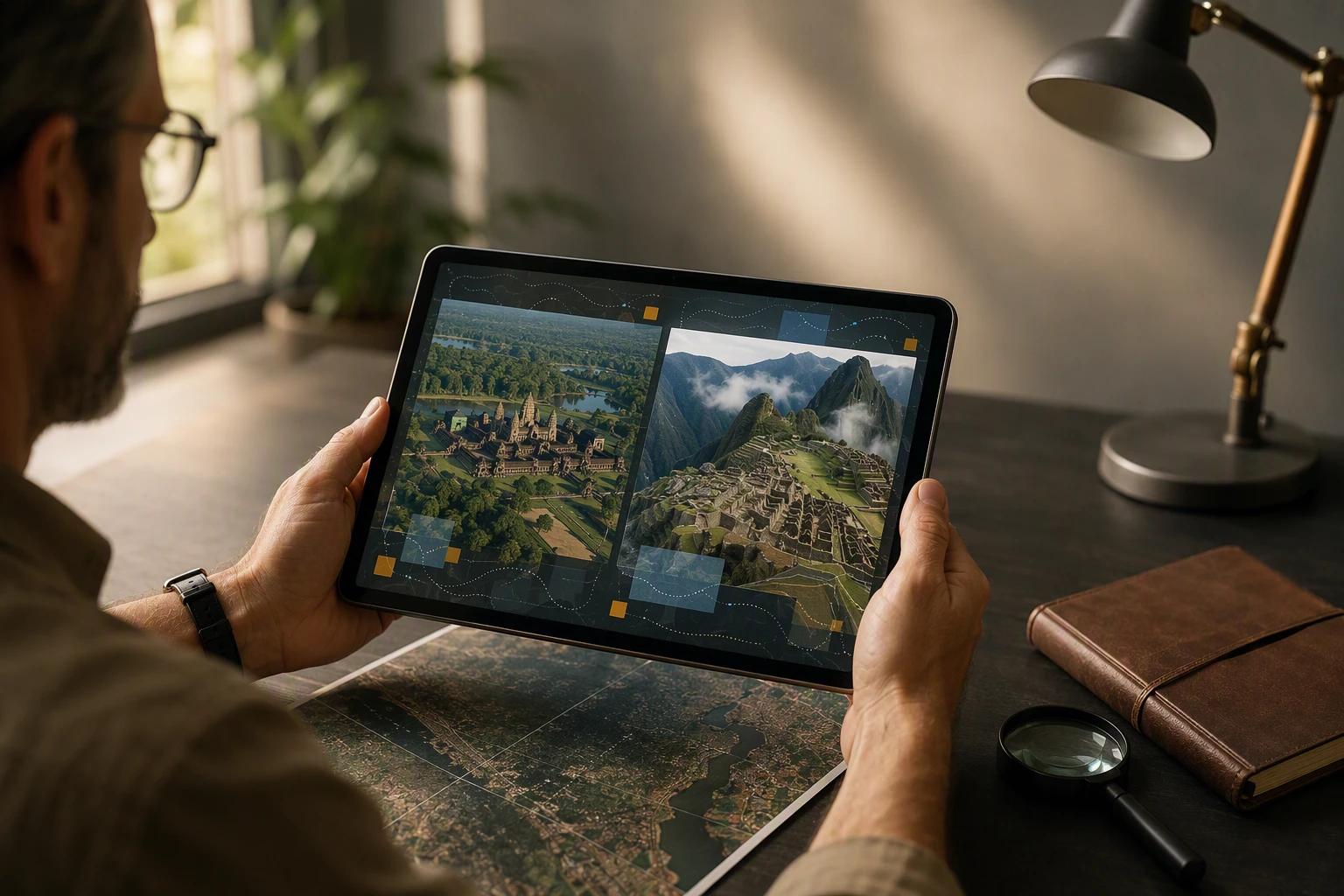 Researcher cross-referencing Angkor Wat and Machu Picchu site data on tablet