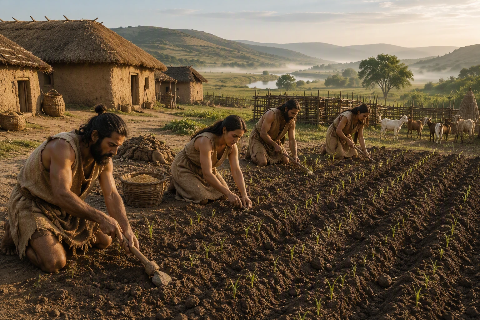 Neolithic farmers tending crops beside mud-brick dwellings