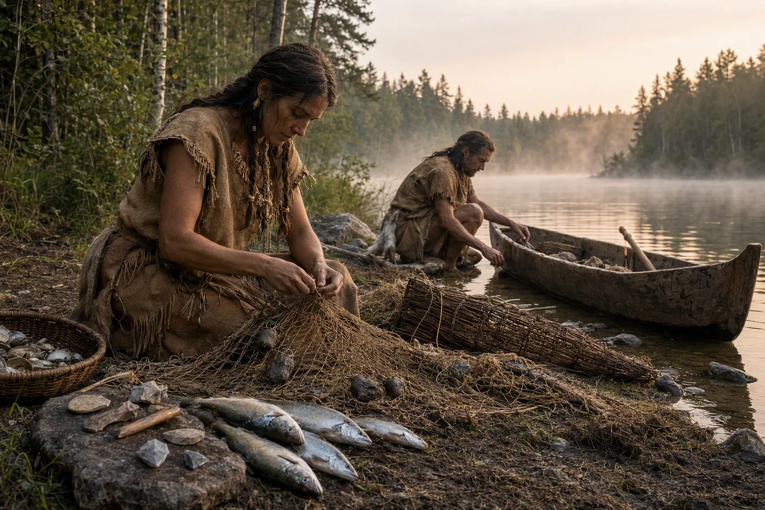 Mesolithic fishers mending nets by dawn river