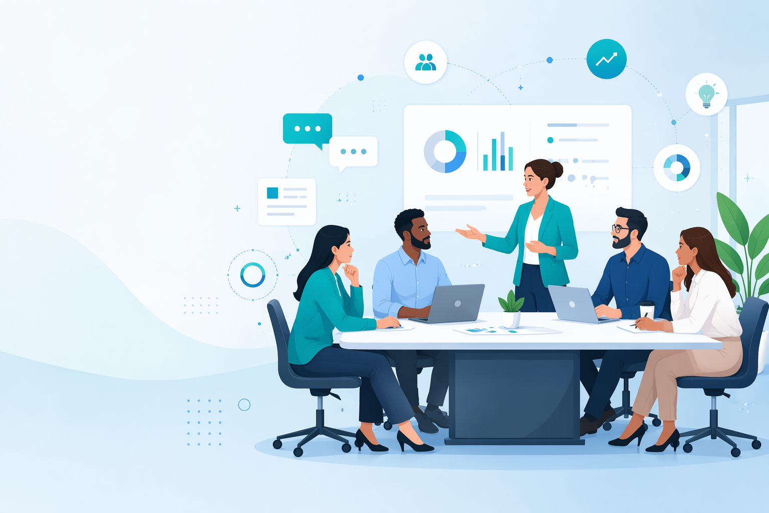 Team collaborating around conference table