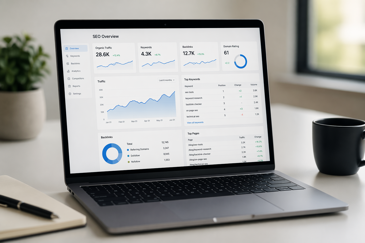 SEO dashboard displayed on laptop screen