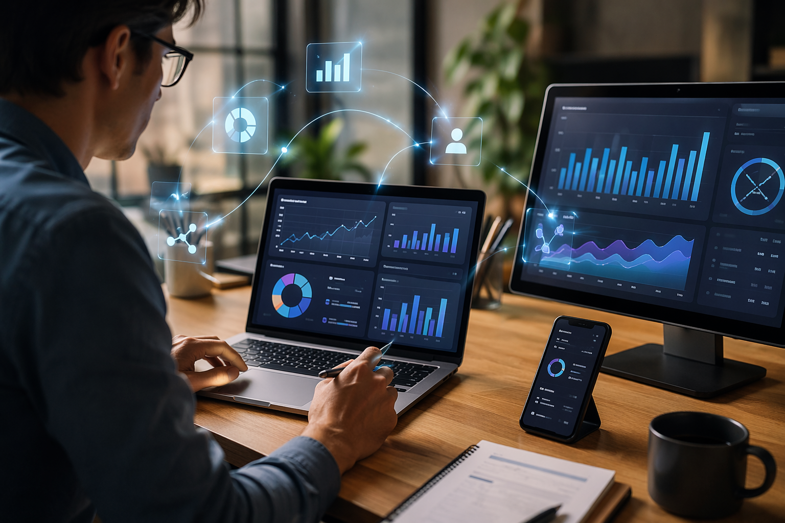 Person analyzing data on multiple screens