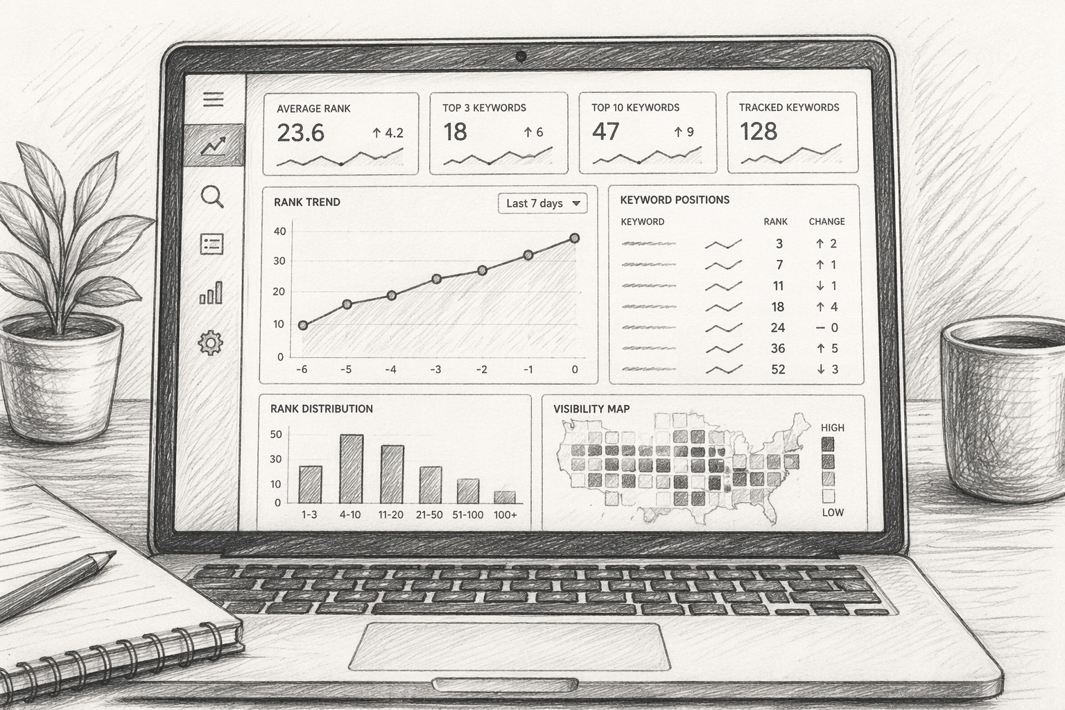 Pencil sketch of rank tracking dashboard