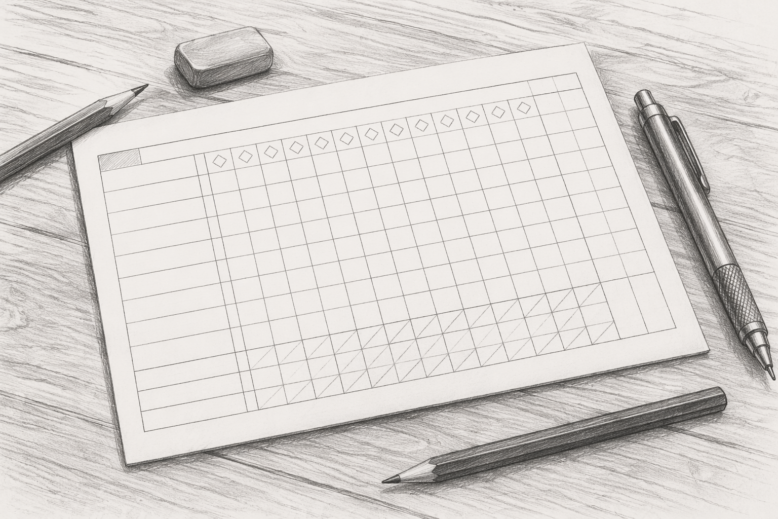 Pencil sketch of printed scorecard on desk
