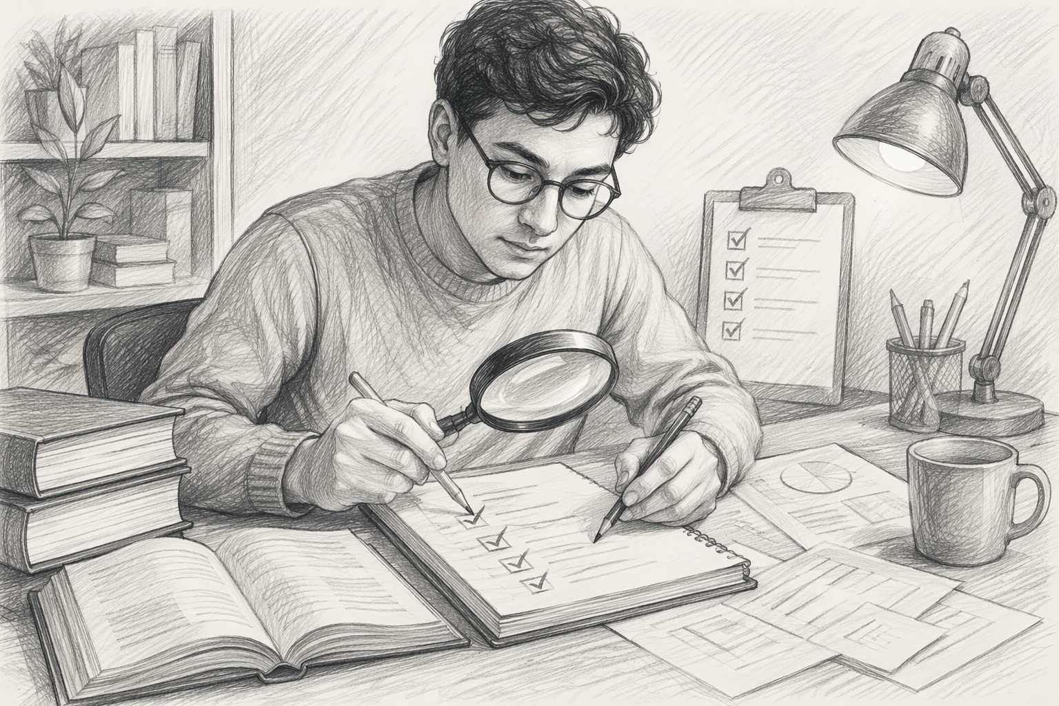 Person verifying information in sketch