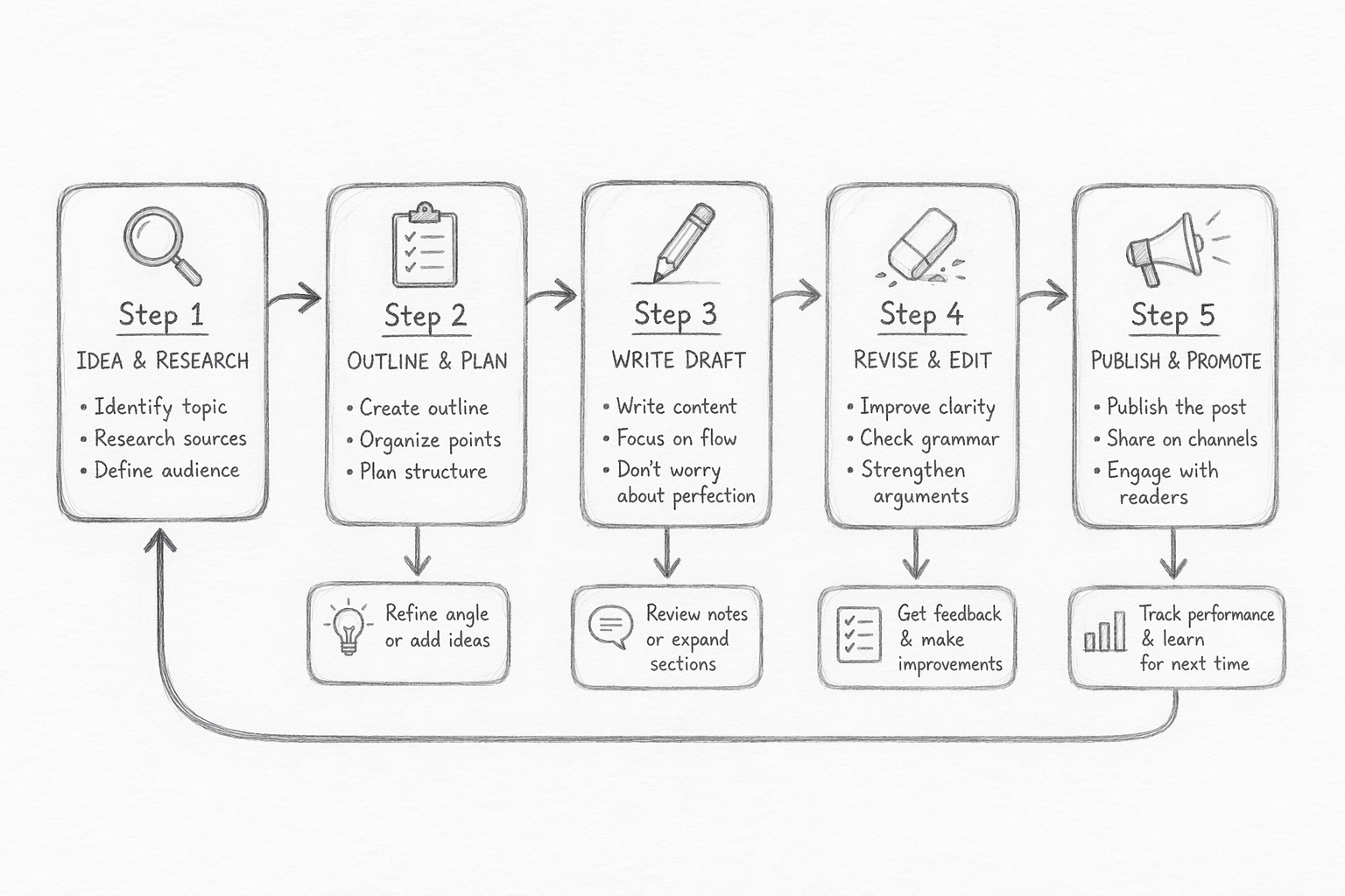Pencil sketch of workflow diagram with arrows