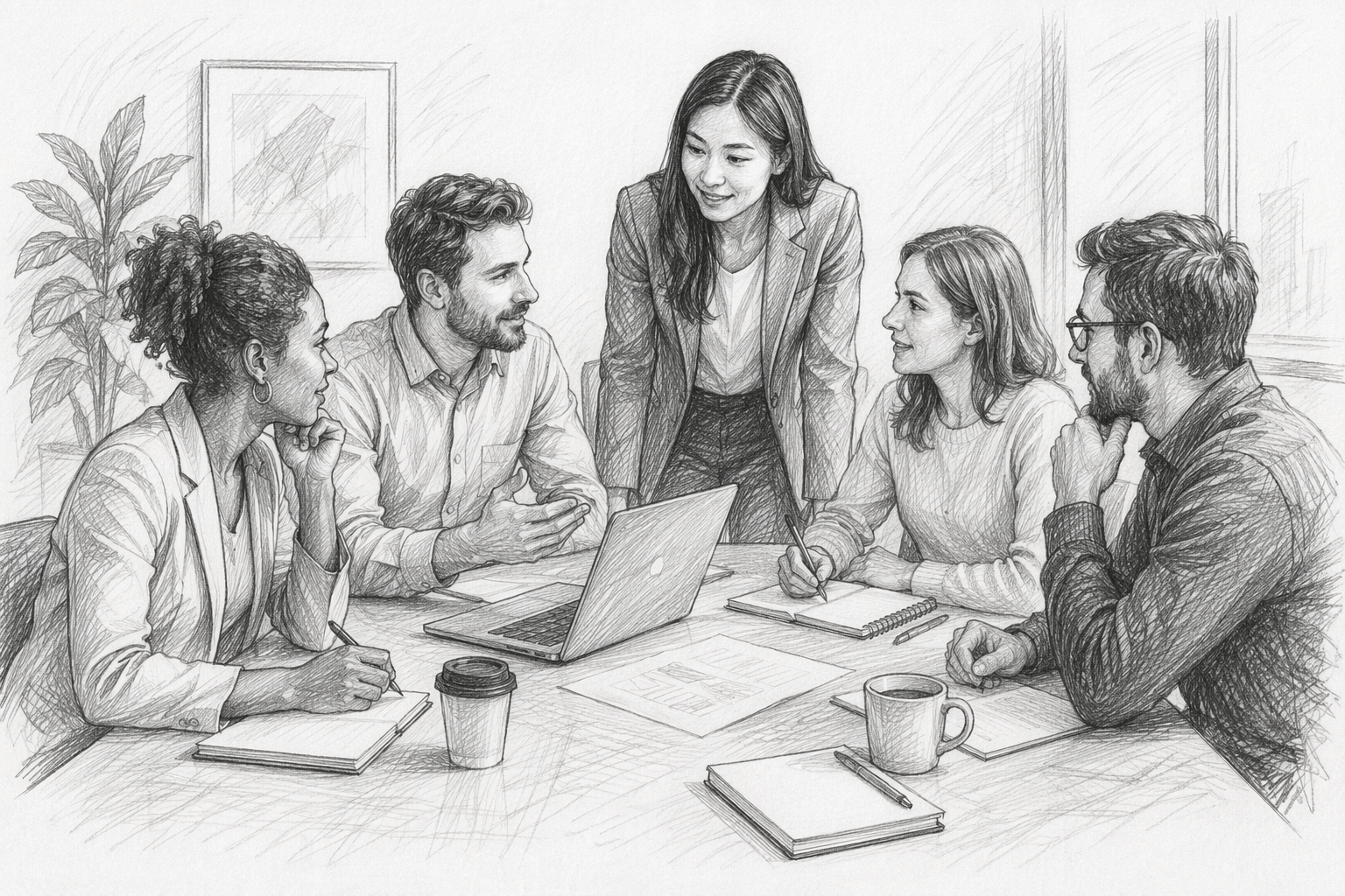 Team collaborating in meeting room