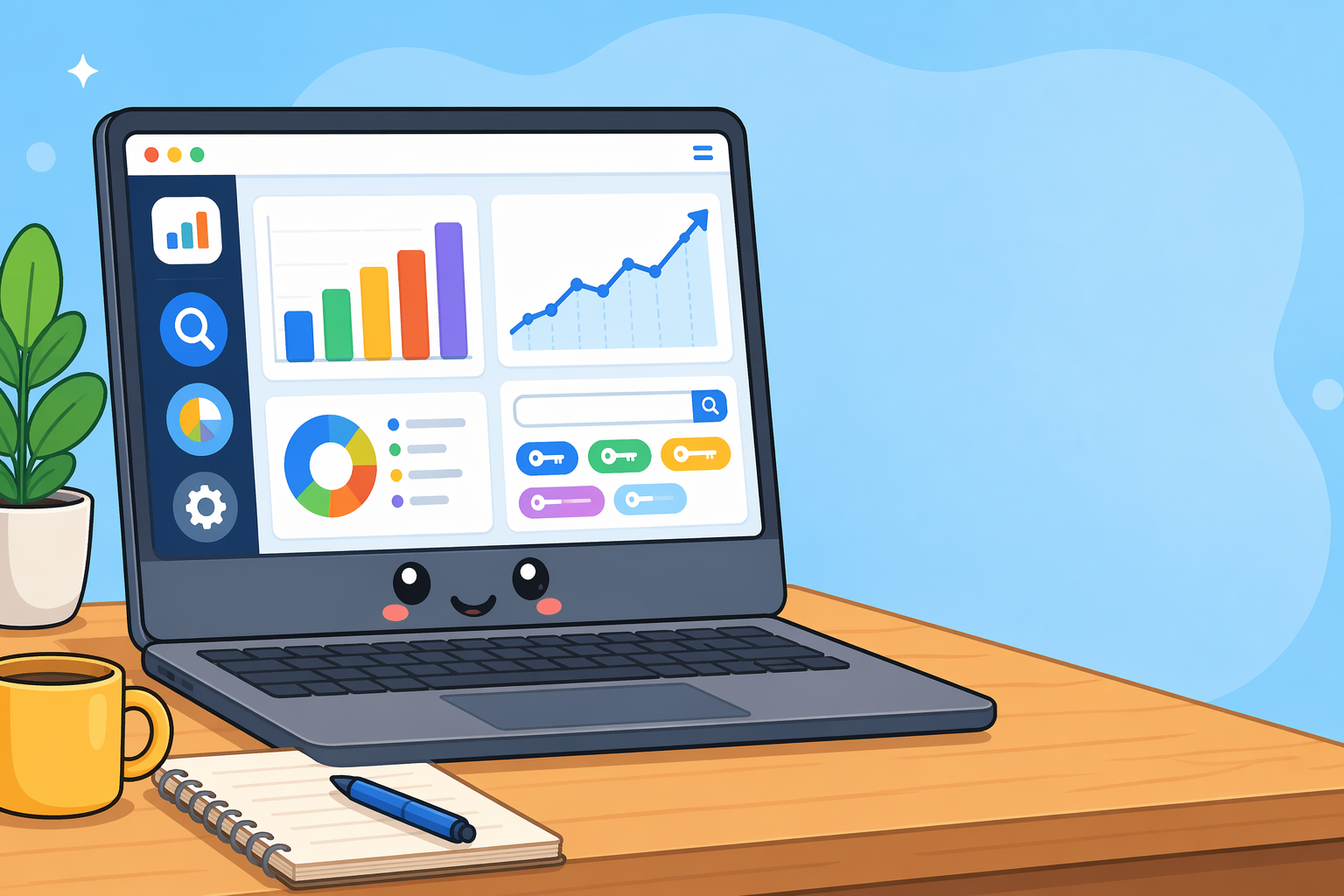 Cartoon laptop displaying SEO dashboard