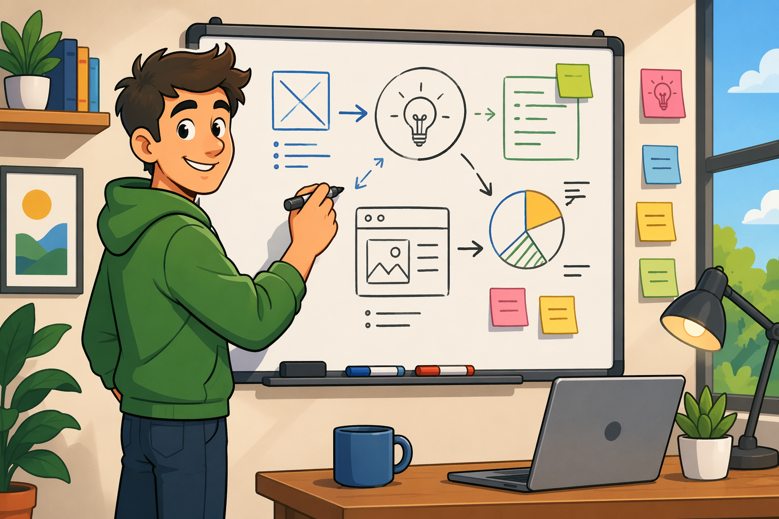 Person outlining strategy on whiteboard