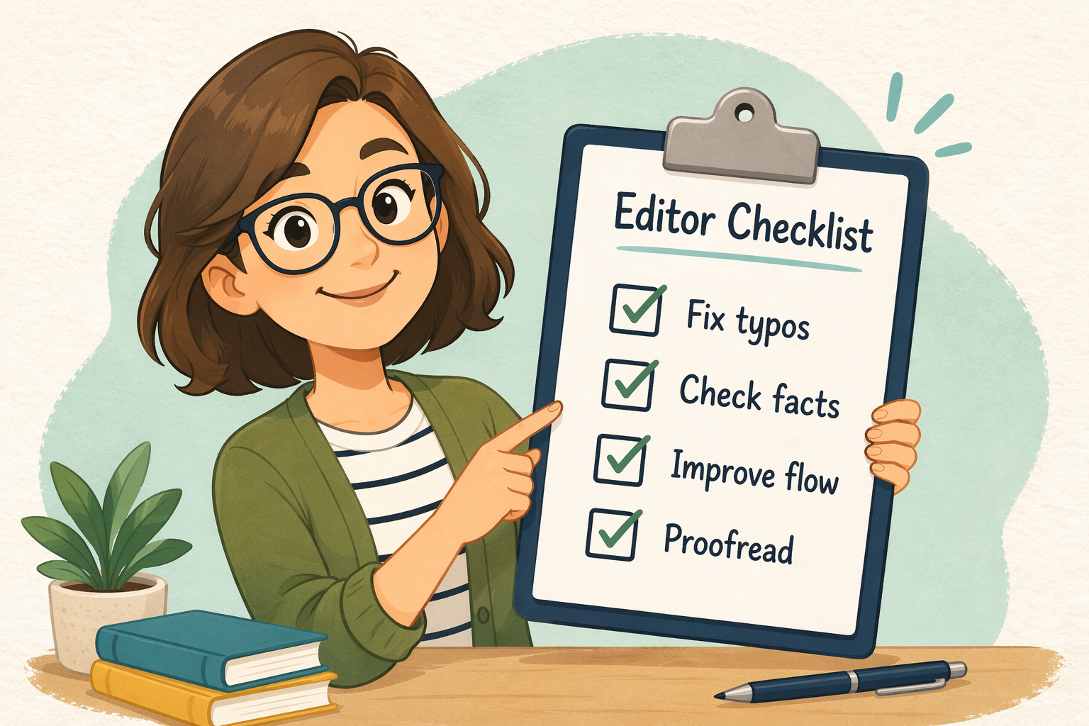 Cartoon clipboard with editor checklist