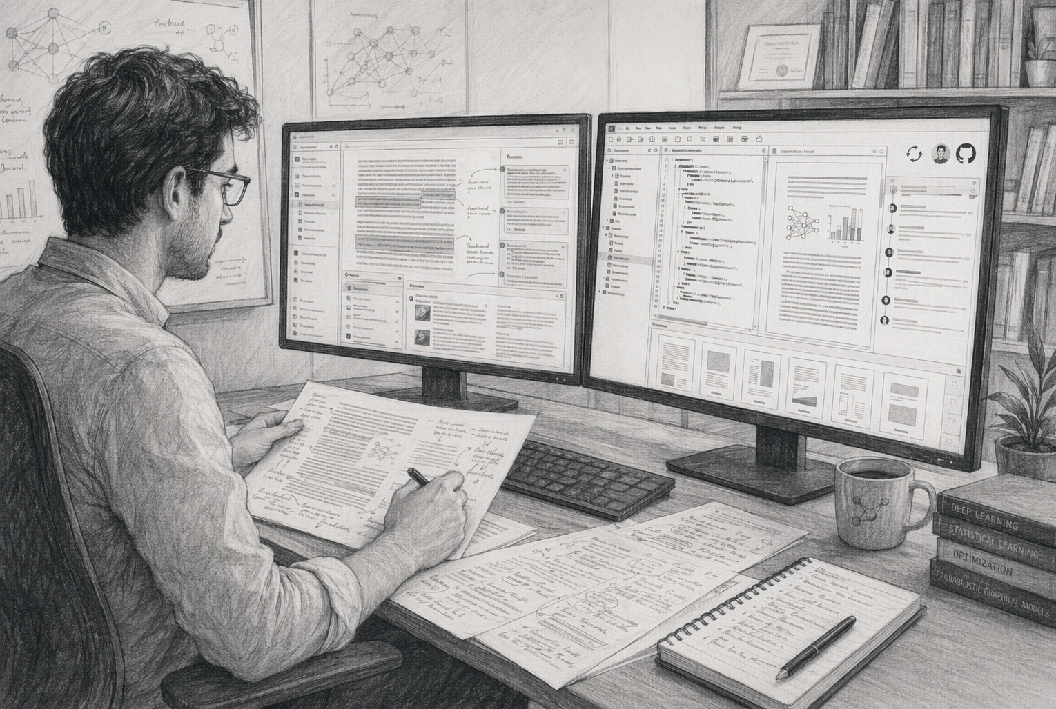 Researcher reviewing annotated manuscript beside LaTeX editor