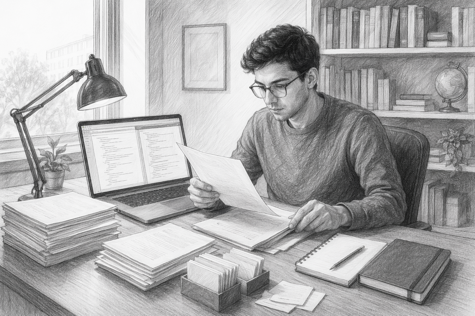 PhD student organizing printed papers and LaTeX editor