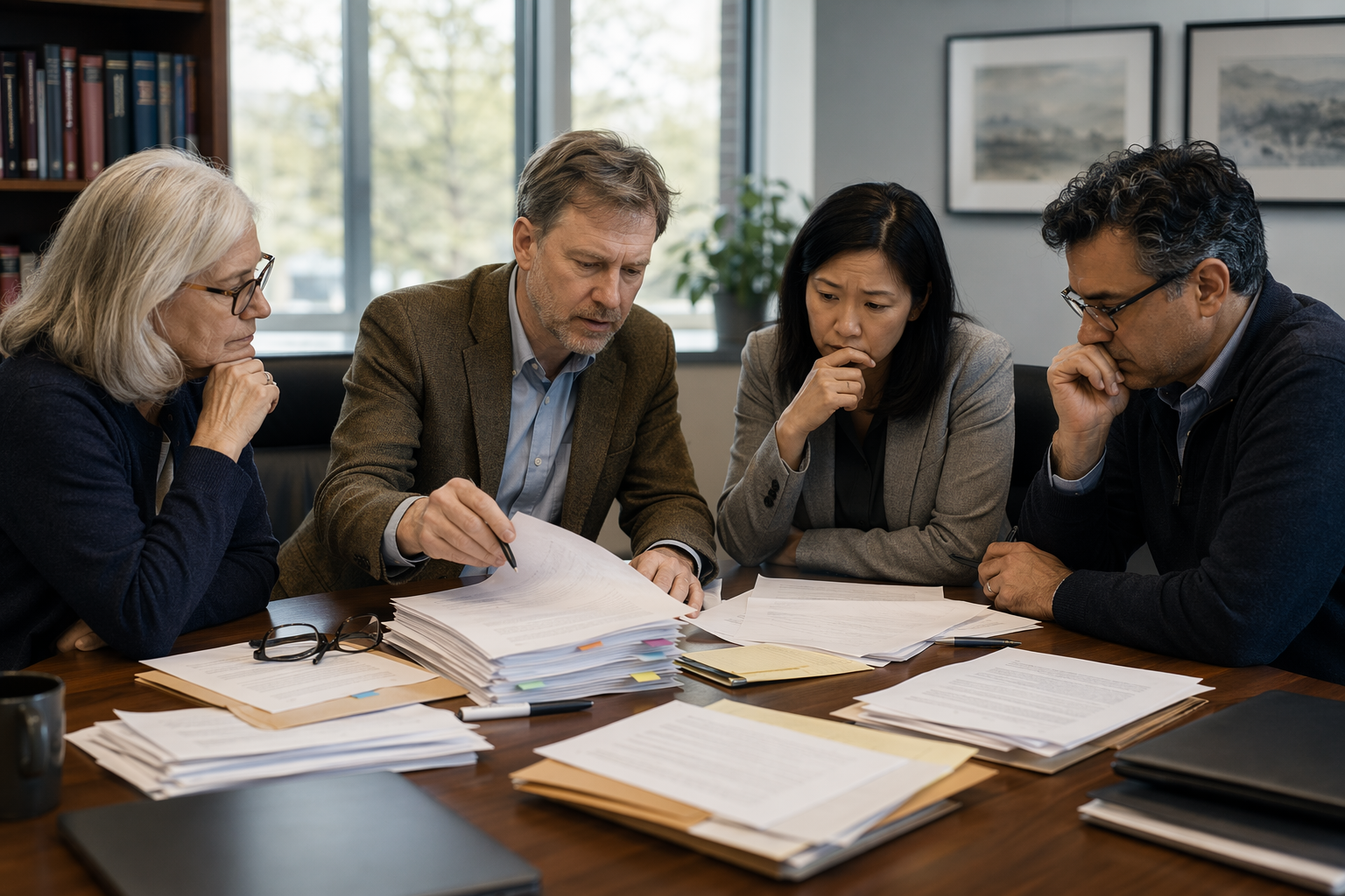 Researchers reviewing printed manuscripts at conference table