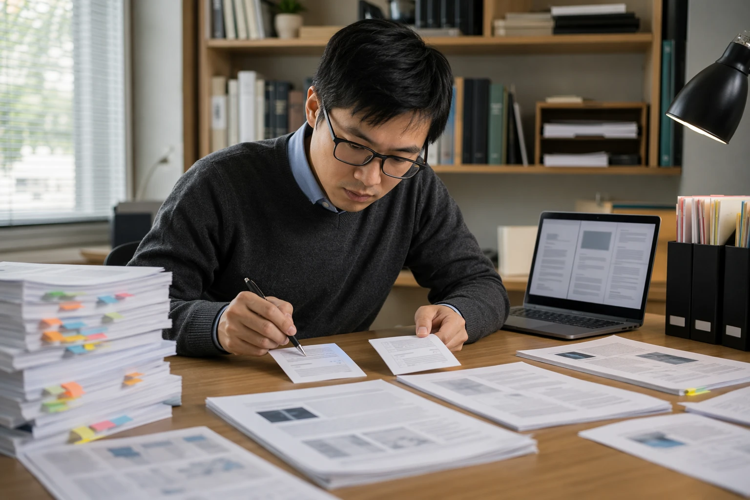 Researcher reviewing printed papers and digital citation records