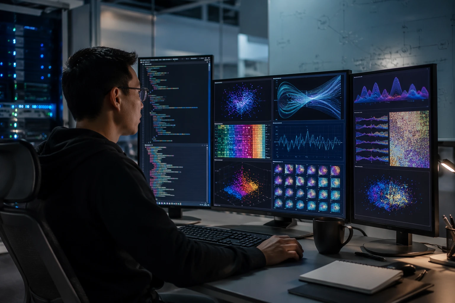 Researcher reviewing Python experiment results in AI lab