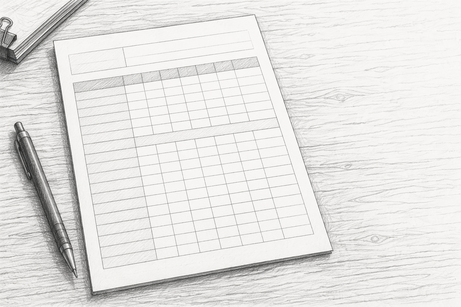 Pencil sketch of printed scorecard on desk