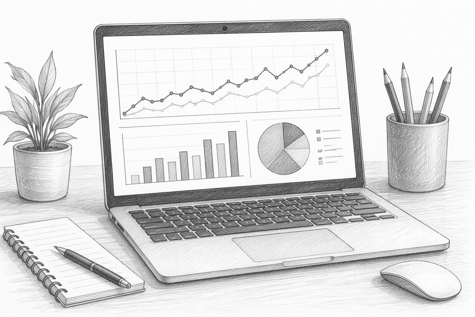 Pencil sketch of laptop displaying analytics charts