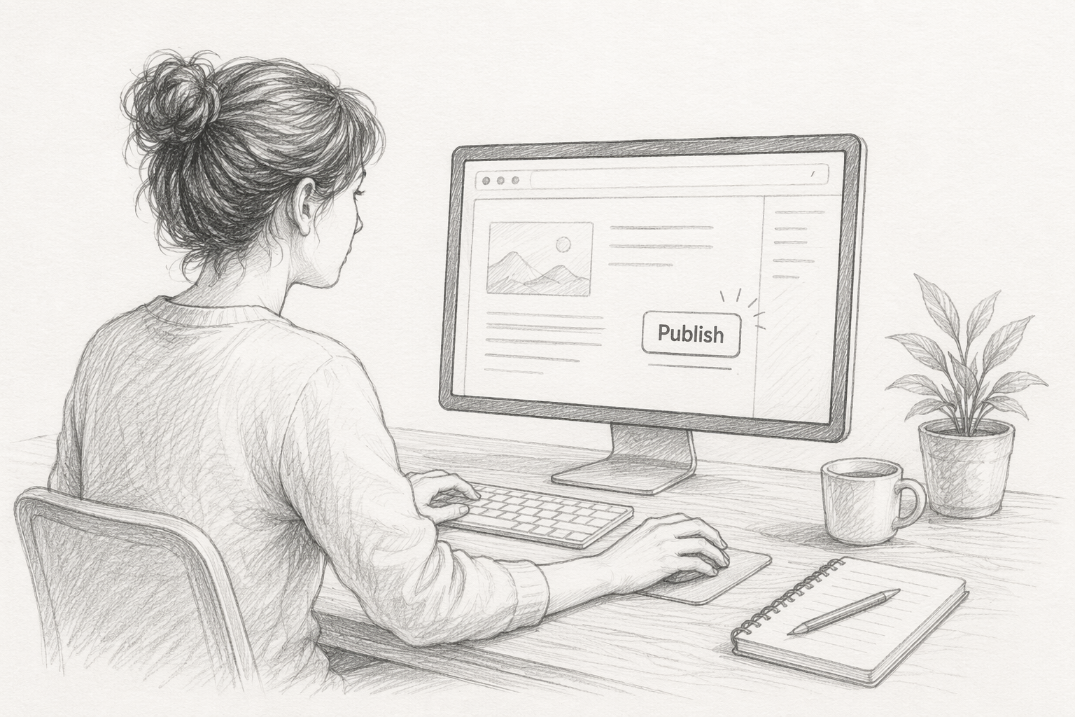 Person clicking publish button sketch