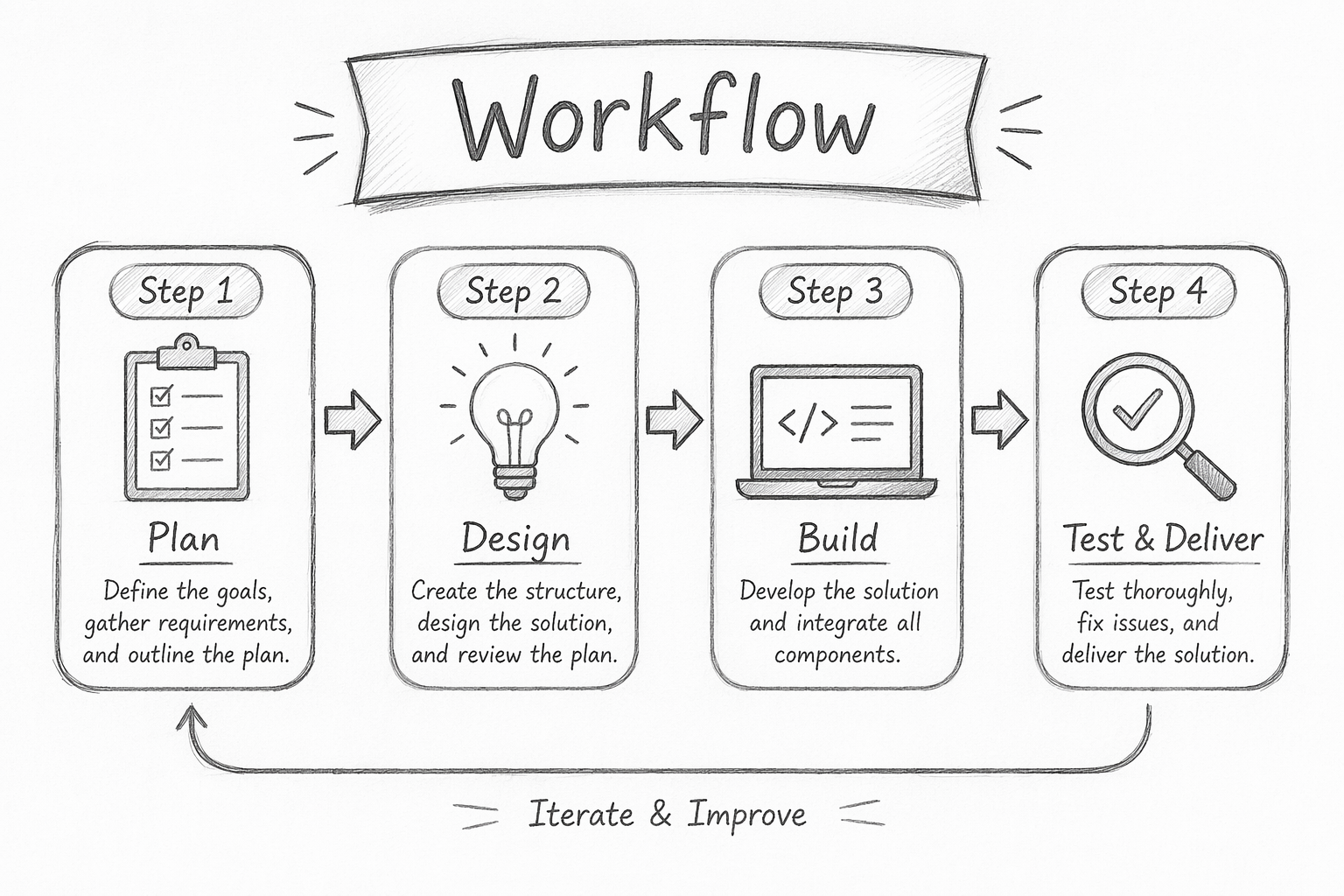 Pencil sketch of workflow diagram with arrows