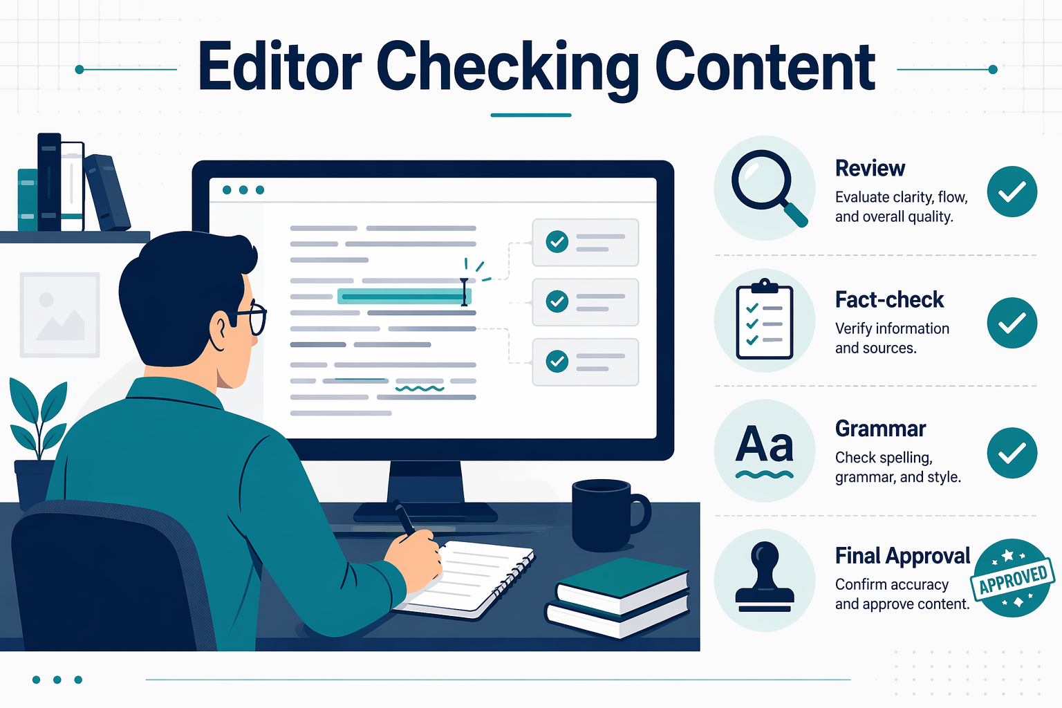 Editor reviewing digital content on screen